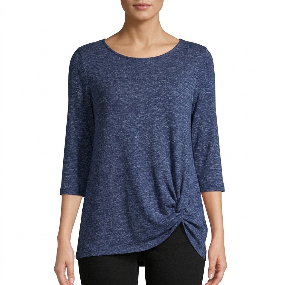 Chelsea & Theodore Sweater Womens XL Dark Blue Heather Side Knot 3/4 Sleeve Knit